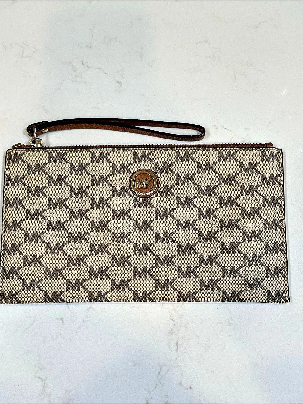 Michael Kors MK Signature Monogram Wristlet Wallet Beige Brown